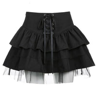 SUCHCUTE Goth Aesthetic Lace Up Mini Skirt For Women Dark Academia Mesh Patchwork A-Line Skirt Punk Style Party Black Saias - east2cart.uk