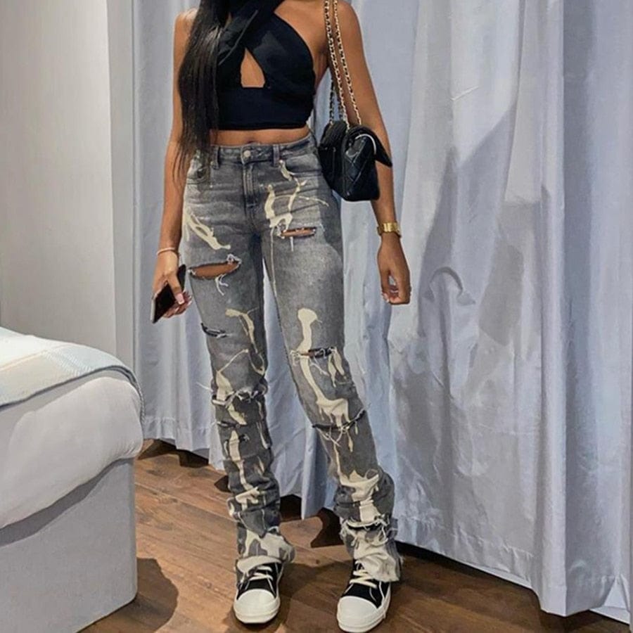 Sisterlinda Cotton Ripped Hole Trend Jeans Women Y2K Distressed Trousers Chic High Waist Stacked Harem Pants Ladies Clothing2021 - east2cart.uk