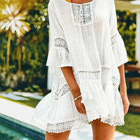 SEASELFIE Sexy White Ruffled See-through Tunic Cover Ups Cut Out Crochet Beach Dress Women 2021 Summer Bathing Suit Beachwear - east2cart.uk
