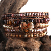 Vegan Mixed Natural Stones Heart Charm 5 Strands Wrap Bracelet - east2cart.uk