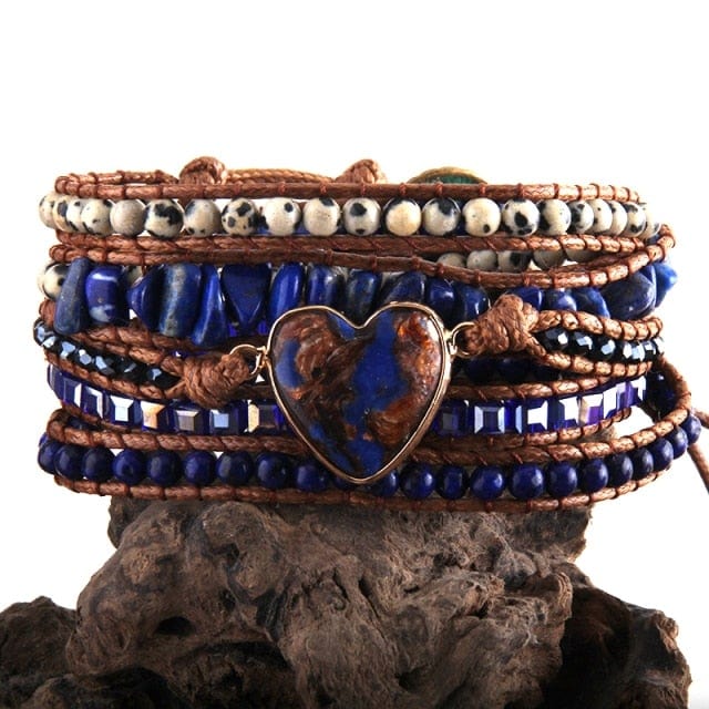 Vegan Mixed Natural Stones Heart Charm 5 Strands Wrap Bracelet - east2cart.uk