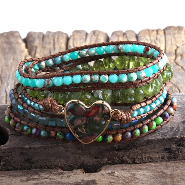 Vegan Mixed Natural Stones Heart Charm 5 Strands Wrap Bracelet - east2cart.uk