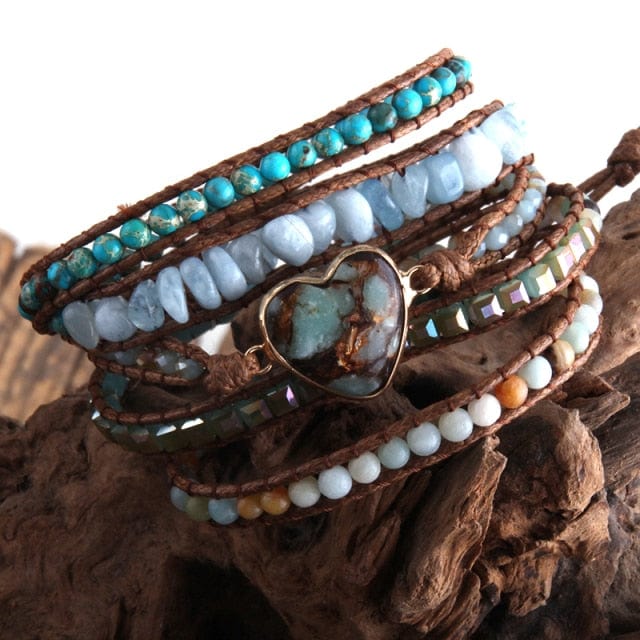 Vegan Mixed Natural Stones Heart Charm 5 Strands Wrap Bracelet - east2cart.uk