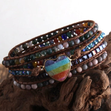 Vegan Mixed Natural Stones Heart Charm 5 Strands Wrap Bracelet - east2cart.uk