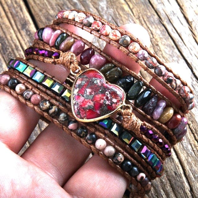 Vegan Mixed Natural Stones Heart Charm 5 Strands Wrap Bracelet - east2cart.uk