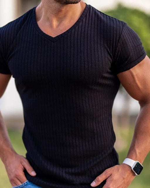 Running V Neck Short Sleeve T Shirt Men Fitness Slim Fit Sports Strips T-shirt Fashion Tees Tops Summer Knitted Gym Clothing - east2cart.uk