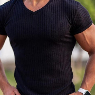 Running V Neck Short Sleeve T Shirt Men Fitness Slim Fit Sports Strips T-shirt Fashion Tees Tops Summer Knitted Gym Clothing - east2cart.uk