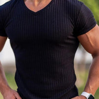 Running V Neck Short Sleeve T Shirt Men Fitness Slim Fit Sports Strips T-shirt Fashion Tees Tops Summer Knitted Gym Clothing - east2cart.uk