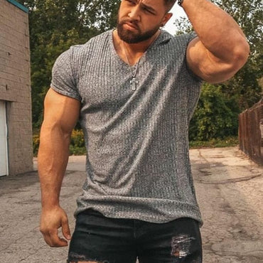 Running V Neck Short Sleeve T Shirt Men Fitness Slim Fit Sports Strips T-shirt Fashion Tees Tops Summer Knitted Gym Clothing - east2cart.uk