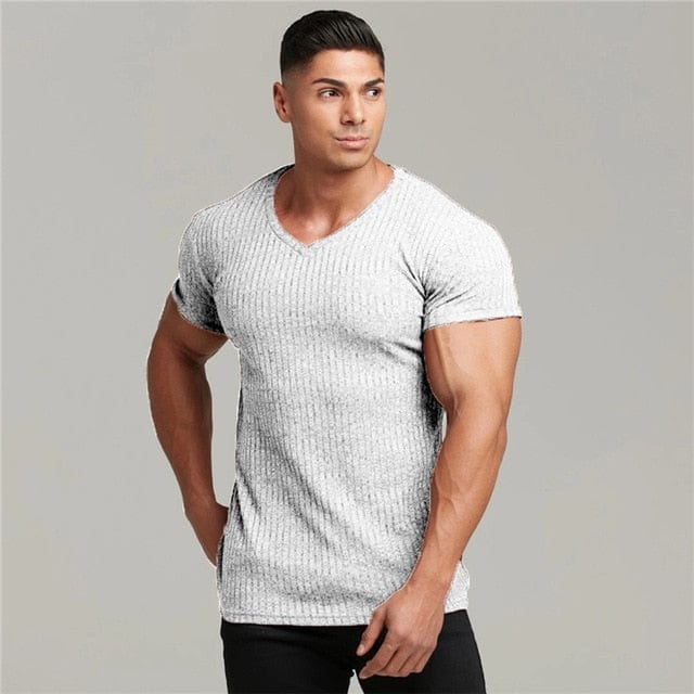 Running V Neck Short Sleeve T Shirt Men Fitness Slim Fit Sports Strips T-shirt Fashion Tees Tops Summer Knitted Gym Clothing - east2cart.uk