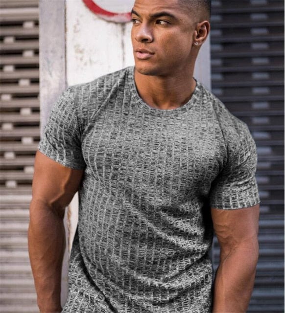 Running V Neck Short Sleeve T Shirt Men Fitness Slim Fit Sports Strips T-shirt Fashion Tees Tops Summer Knitted Gym Clothing - east2cart.uk