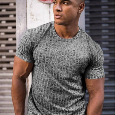 Running V Neck Short Sleeve T Shirt Men Fitness Slim Fit Sports Strips T-shirt Fashion Tees Tops Summer Knitted Gym Clothing - east2cart.uk