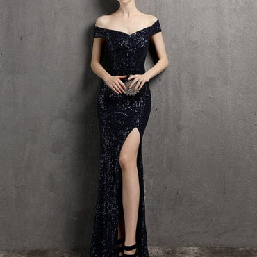 Slash Neck Sexy Cocktail Dress Sequins Side Split Slim Party Gown XUCTHHC 2021 New Short Sleeve Formal Women Robe De Soriee - east2cart.uk