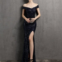 Slash Neck Sexy Cocktail Dress Sequins Side Split Slim Party Gown XUCTHHC 2021 New Short Sleeve Formal Women Robe De Soriee - east2cart.uk