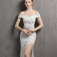 Slash Neck Sexy Cocktail Dress Sequins Side Split Slim Party Gown XUCTHHC 2021 New Short Sleeve Formal Women Robe De Soriee - east2cart.uk