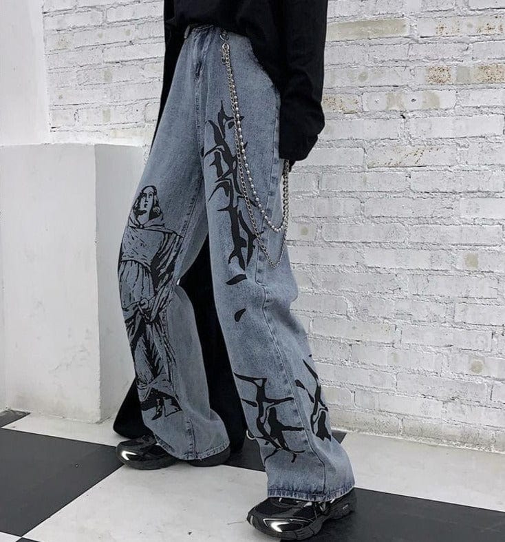 SHENGPALAE 2021 New Summer Fashion Ins Street Hip-hop Printing Wash Jeans Loose Casual Denim Wide Leg Pants Tide Woman ZA4395 - east2cart.uk