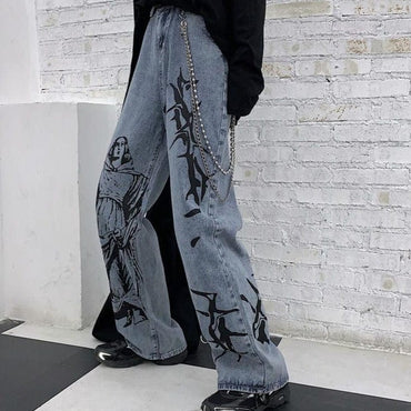 SHENGPALAE 2021 New Summer Fashion Ins Street Hip-hop Printing Wash Jeans Loose Casual Denim Wide Leg Pants Tide Woman ZA4395 - east2cart.uk