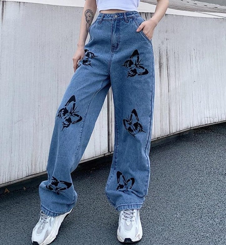 SHENGPALAE 2021 New Summer Vintage Jeans Woman Long Trousers Cowboy Female Loose Streetwear Butterfly Print Pants ZA4110 - east2cart.uk