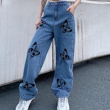 SHENGPALAE 2021 New Summer Vintage Jeans Woman Long Trousers Cowboy Female Loose Streetwear Butterfly Print Pants ZA4110 - east2cart.uk