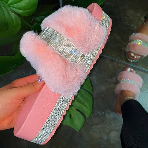 Luxury Designer Women Fur Rhinestone Slippers - east2cart.uk