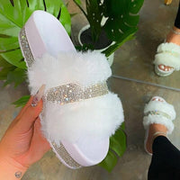 Luxury Designer Women Fur Rhinestone Slippers - east2cart.uk