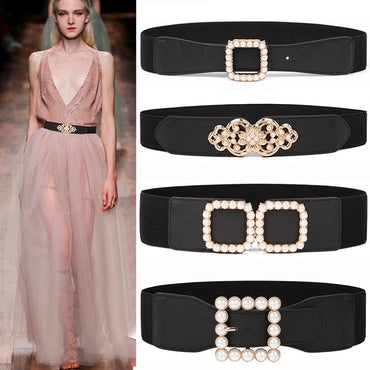NEW Elastic Wide Belt Stretch pearl alloy gold square buckle Cummerband Lady party black Waistbands for dress Waist Seal Women - east2cart.uk