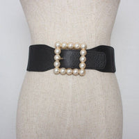 NEW Elastic Wide Belt Stretch pearl alloy gold square buckle Cummerband Lady party black Waistbands for dress Waist Seal Women - east2cart.uk