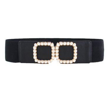 NEW Elastic Wide Belt Stretch pearl alloy gold square buckle Cummerband Lady party black Waistbands for dress Waist Seal Women - east2cart.uk