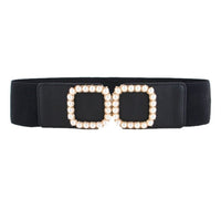 NEW Elastic Wide Belt Stretch pearl alloy gold square buckle Cummerband Lady party black Waistbands for dress Waist Seal Women - east2cart.uk