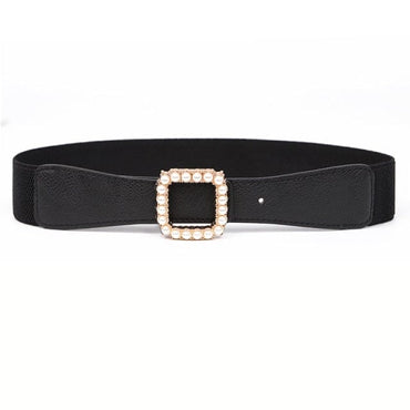 NEW Elastic Wide Belt Stretch pearl alloy gold square buckle Cummerband Lady party black Waistbands for dress Waist Seal Women - east2cart.uk