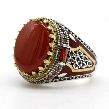 Turkey Jewelry Men Ring with Red Natural Agate Stone 925 Sterling Silver Vintage King Crown CZ Enamel Rings for Women Male Gift - east2cart.uk