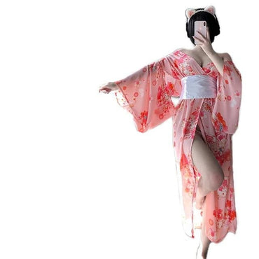 Japanese Pink Kimono With White Bow-Knot Waistband