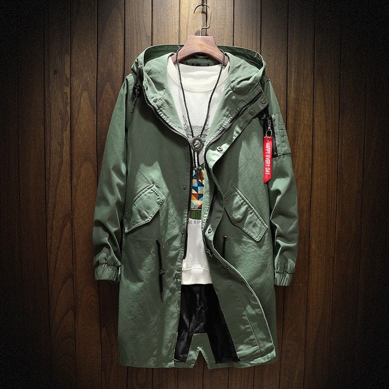 Long Trench Coat Jacket Men Cotton Autumn Spring Black Hip Hop Japanese Coats Streetwear Men's Hooded Army Green Casual Jackets - east2cart.uk