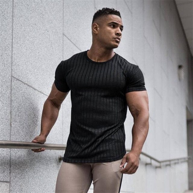 Running V Neck Short Sleeve T Shirt Men Fitness Slim Fit Sports Strips T-shirt Fashion Tees Tops Summer Knitted Gym Clothing - east2cart.uk