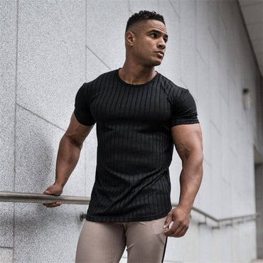 Running V Neck Short Sleeve T Shirt Men Fitness Slim Fit Sports Strips T-shirt Fashion Tees Tops Summer Knitted Gym Clothing - east2cart.uk