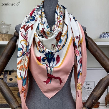 Luxury Brand 100% Twill Silk Scarf Square 130*130cm Scarf Scarves New Design Print Kerchief Women Neck Shawl Wraps Echarpe Hijab - east2cart.uk