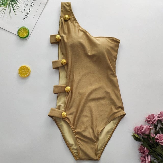 Sexy Solid Button Bandage One Shoulder Swimsuit One Piece Swimwear Women Cutout Swim Bathing Suit Woman 2021 Tankini Monokini - east2cart.uk