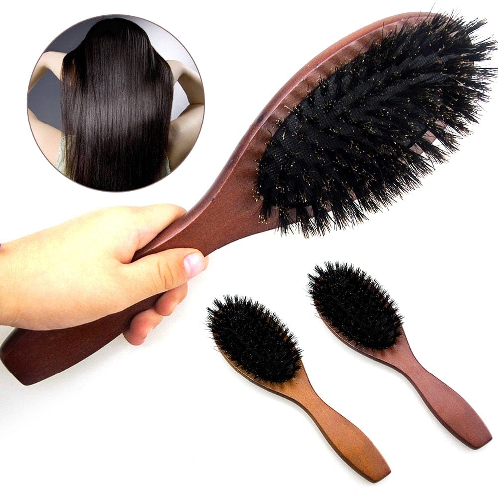 Natural Boar Bristle Hairbrush Massage Comb Anti-static Hair Scalp Paddle Brush Beech Wooden Handle Hair Brush Comb Styling Tool - east2cart.uk