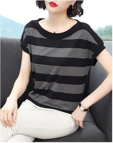 Cotton Black Striped Casual T-Shirt - east2cart.uk