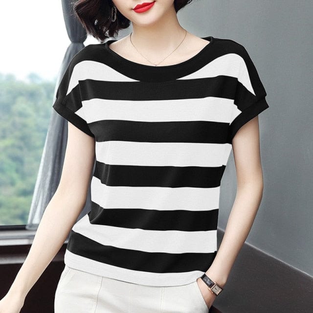 Cotton Black Striped Casual T-Shirt - east2cart.uk