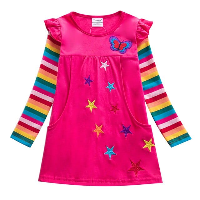 Long Sleeve Rainbow Striped Cotton Dress