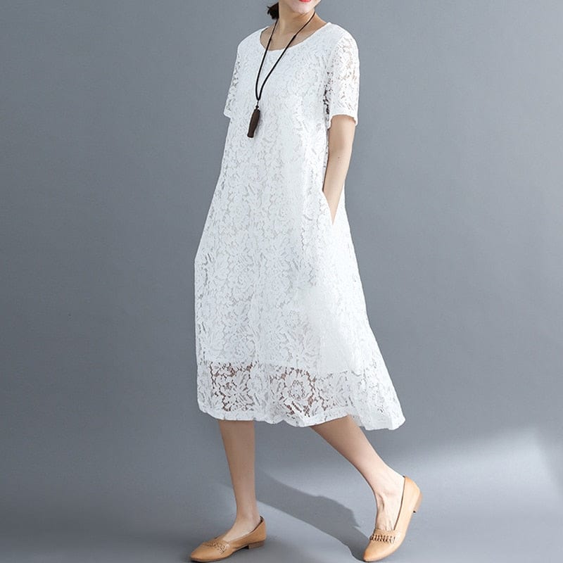 Summer Dress Women vintage 2020 white casual loose A-Line red Dresses elegant lace Hollow Out Fashion black ladies dress - east2cart.uk