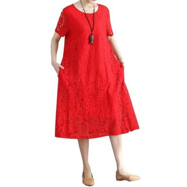 Summer Dress Women vintage 2020 white casual loose A-Line red Dresses elegant lace Hollow Out Fashion black ladies dress - east2cart.uk