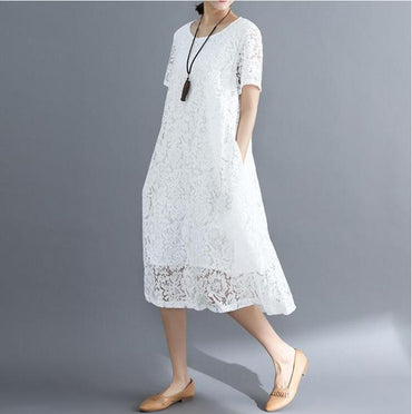 Summer Dress Women vintage 2020 white casual loose A-Line red Dresses elegant lace Hollow Out Fashion black ladies dress - east2cart.uk