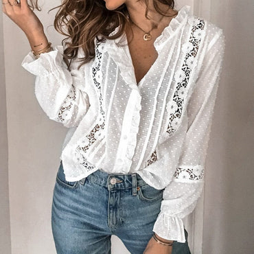 Spring Autumn Women Blouse Fashion Casual Ruffles Shirt V Neck Flare Long Sleeve Hollow Out Tops Office Lady Loose Blouses - east2cart.uk