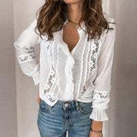 Spring Autumn Women Blouse Fashion Casual Ruffles Shirt V Neck Flare Long Sleeve Hollow Out Tops Office Lady Loose Blouses - east2cart.uk