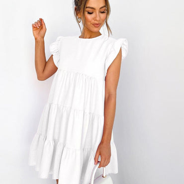 Summer Ruffle Mini Dress Women Solid Color Lady Dresses O Neck Casual Loose Dresses Butterfly Sleeve Short Dress Vestidos - east2cart.uk