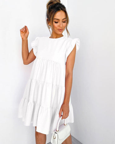 Summer Ruffle Mini Dress Women Solid Color Lady Dresses O Neck Casual Loose Dresses Butterfly Sleeve Short Dress Vestidos - east2cart.uk