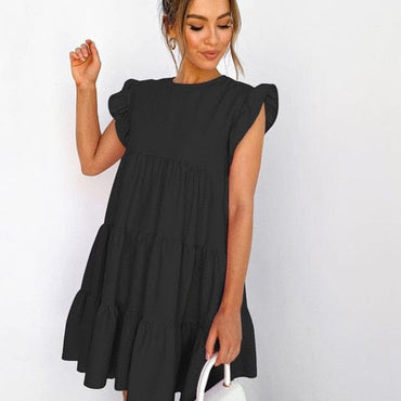 Summer Ruffle Mini Dress Women Solid Color Lady Dresses O Neck Casual Loose Dresses Butterfly Sleeve Short Dress Vestidos - east2cart.uk