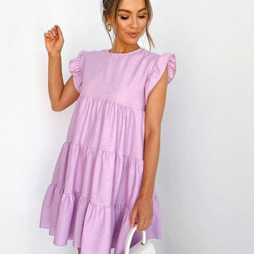 Summer Ruffle Mini Dress Women Solid Color Lady Dresses O Neck Casual Loose Dresses Butterfly Sleeve Short Dress Vestidos - east2cart.uk